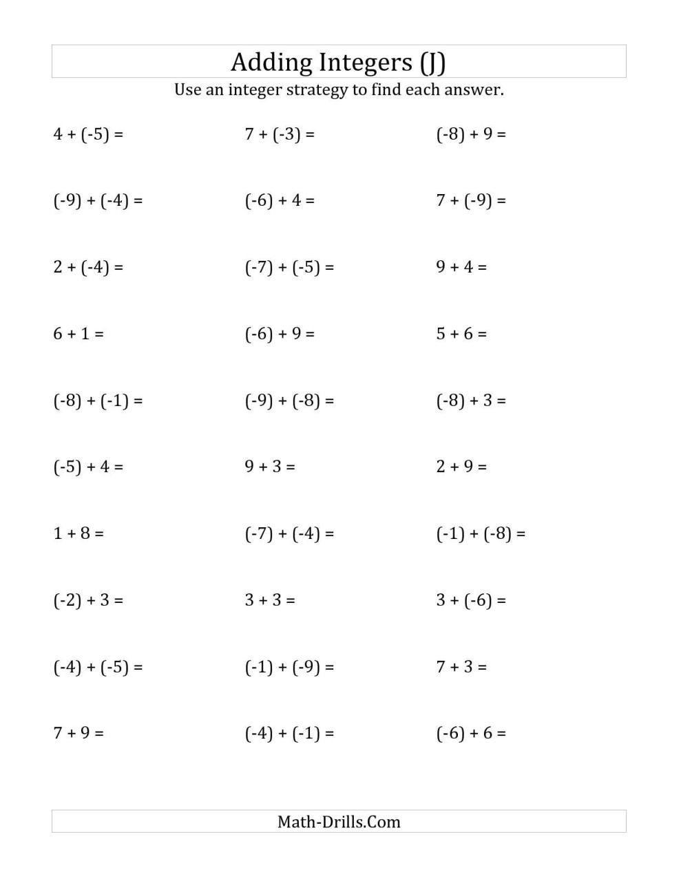8th Grade Addition Of Integers Worksheet
