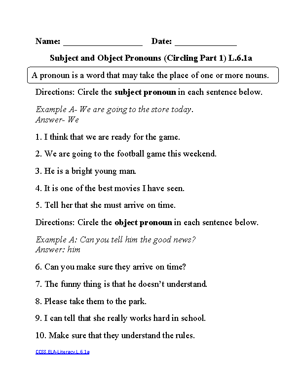 Personal Pronouns Worksheet Pdf Grade 6