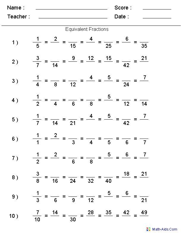 Printable 5th Grade Equivalent Fractions Worksheet