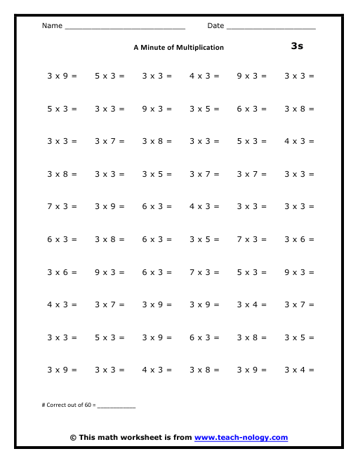 Multiplication Worksheets 3S