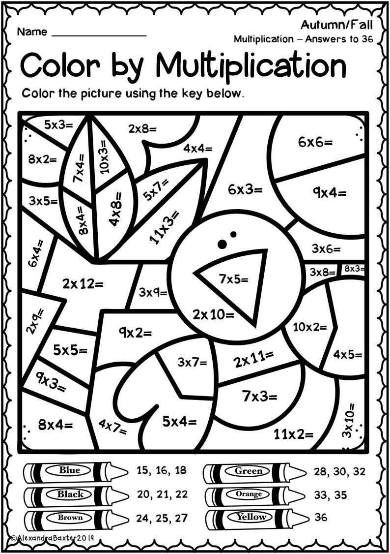 Autumn Fall Color by Multiplication Worksheets Math coloring