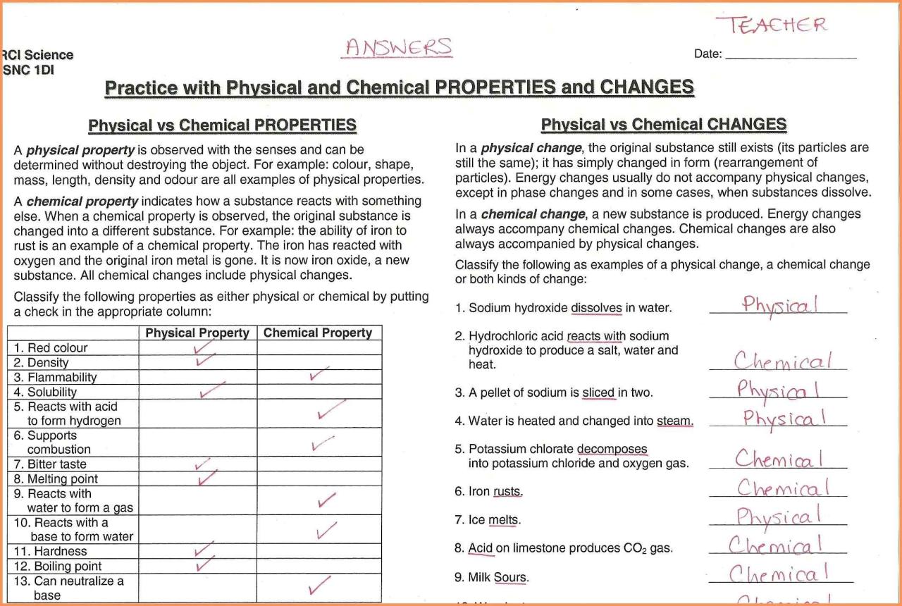 Worksheet On Chemical Vs Physical Properties And Changes Answer Key