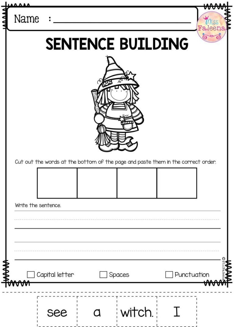 Kindergarten Sentence Building Worksheets