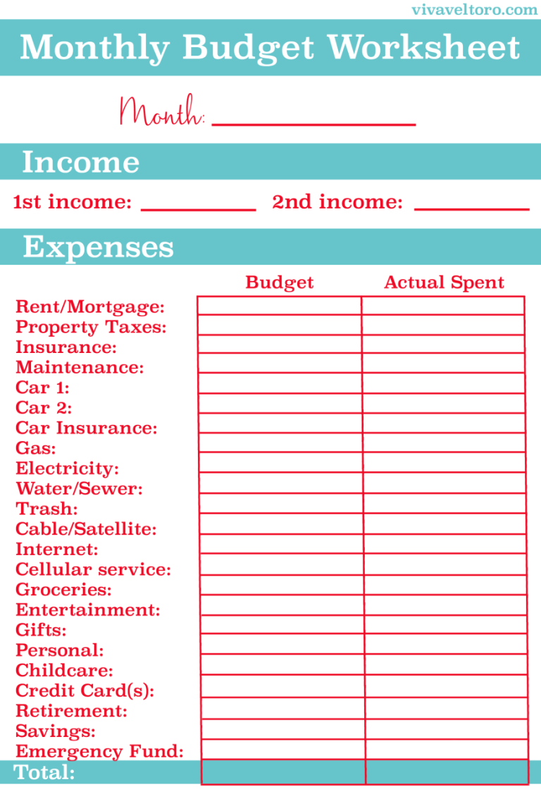 Personal Budget Worksheet Printable