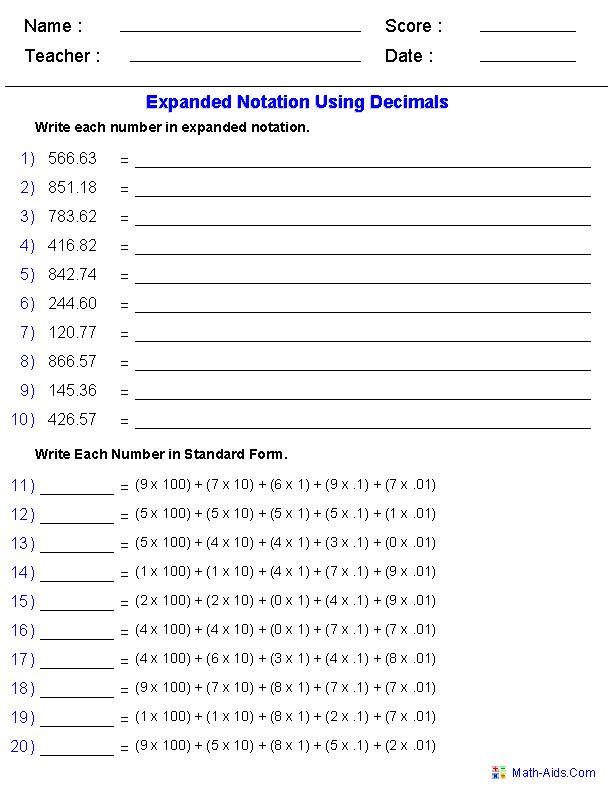 Writing Decimal Numbers In Word Form Worksheet