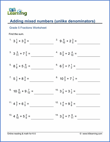 Adding Mixed Fractions With The Same Denominator Worksheets