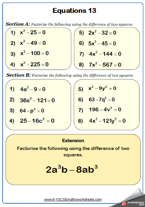 Factoring the difference of two perfect squares worksheet answers