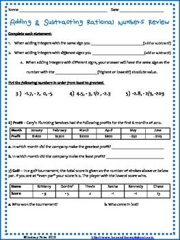 Adding And Subtracting Rational Numbers Worksheet 7th Grade Answers Key