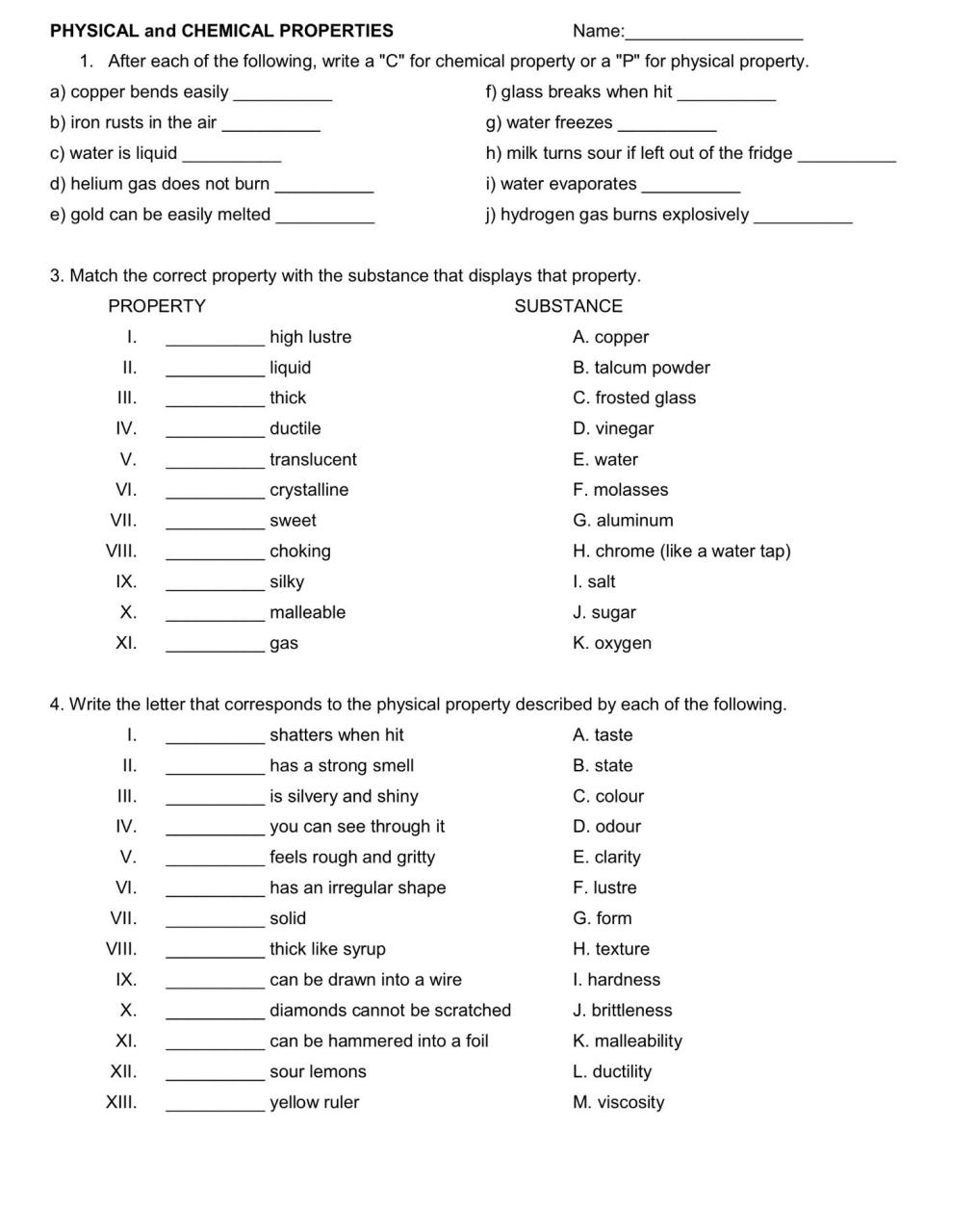Physical And Chemical Properties And Changes Worksheet Answers