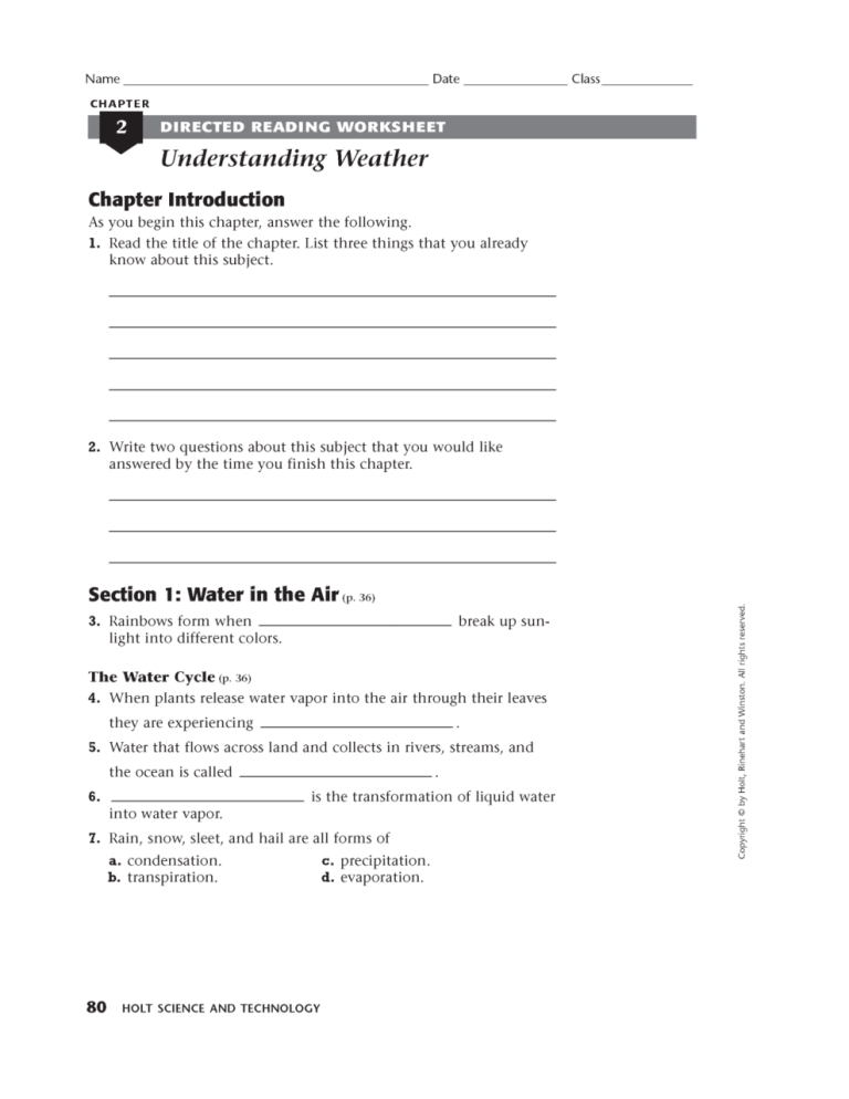Skills Worksheet Directed Reading A Answer Key Science