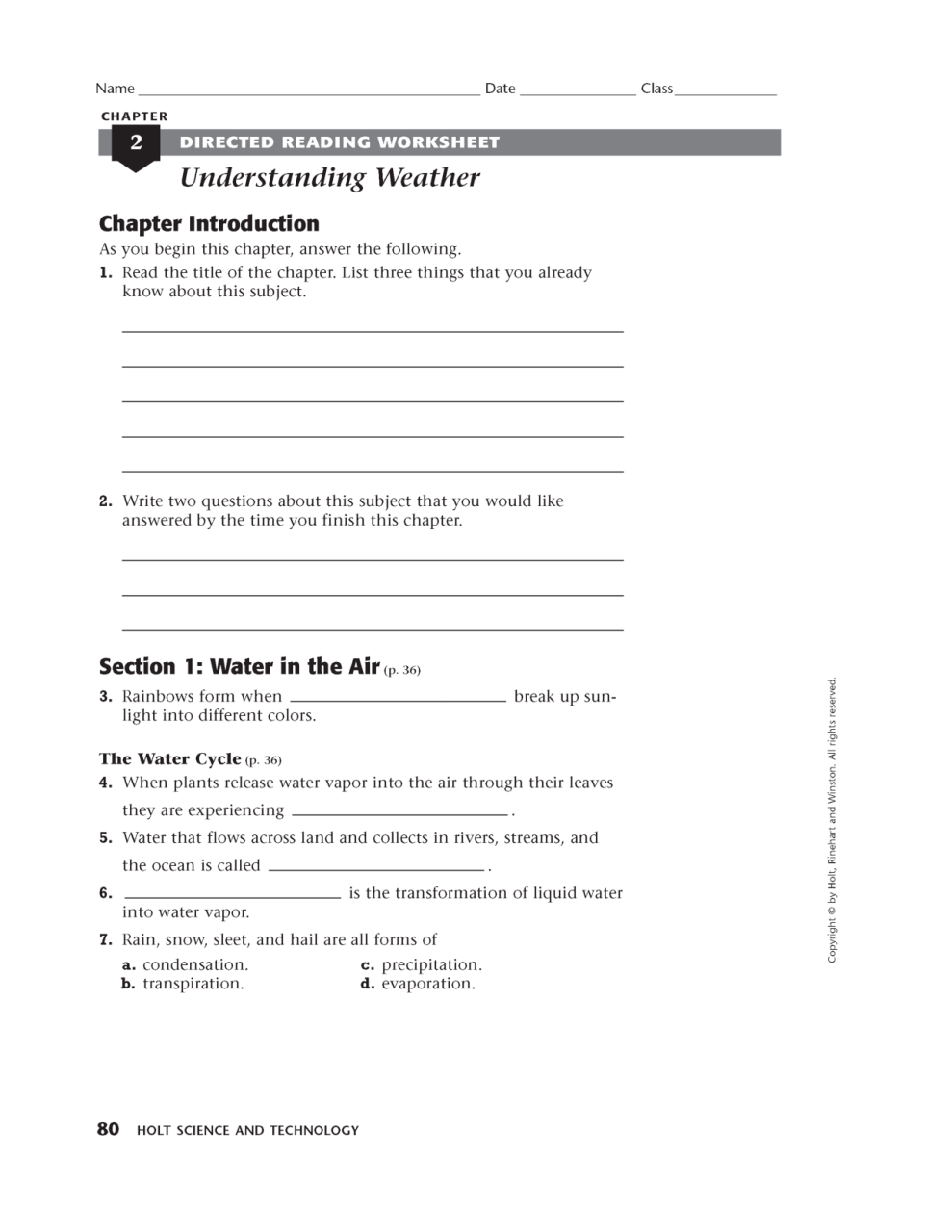 Skills Worksheet Directed Reading A Answer Key Science