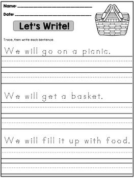 Kindergarten Sentence Writing Practice Worksheets