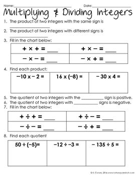Adding Subtracting Multiplying And Dividing Integers Worksheet