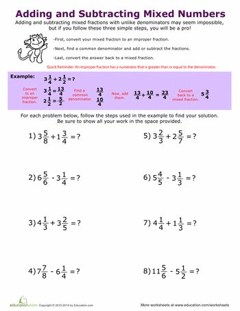 Adding And Subtracting Mixed Fractions Worksheet