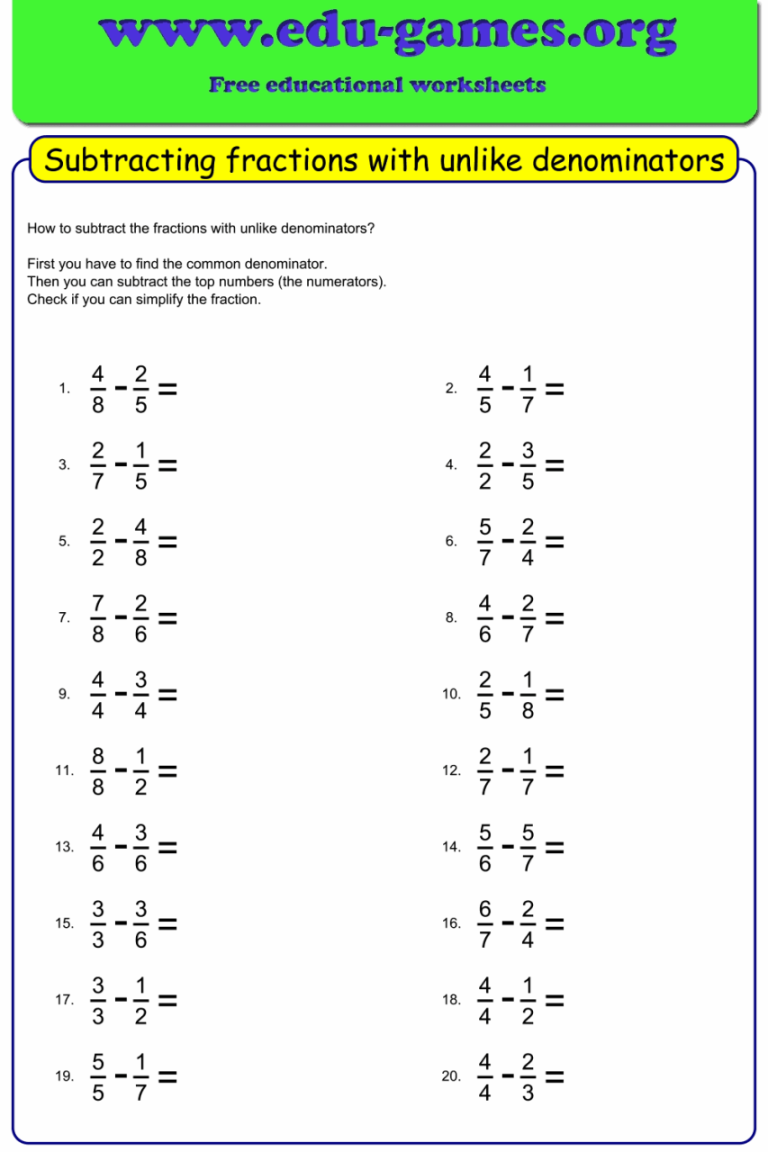 Adding Fractions With Unlike Denominators Worksheets Free