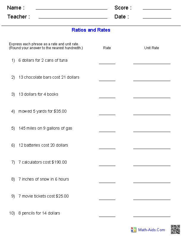 Rates Ratios And Proportions Worksheets