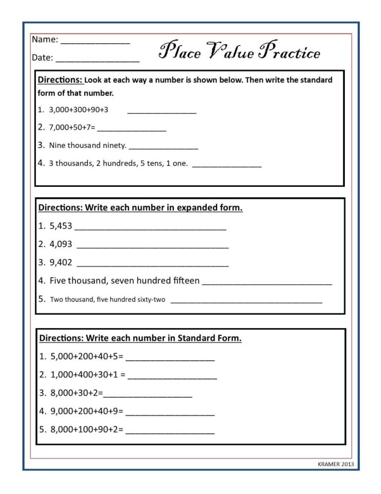 4th Grade Math Expanded Form Worksheets