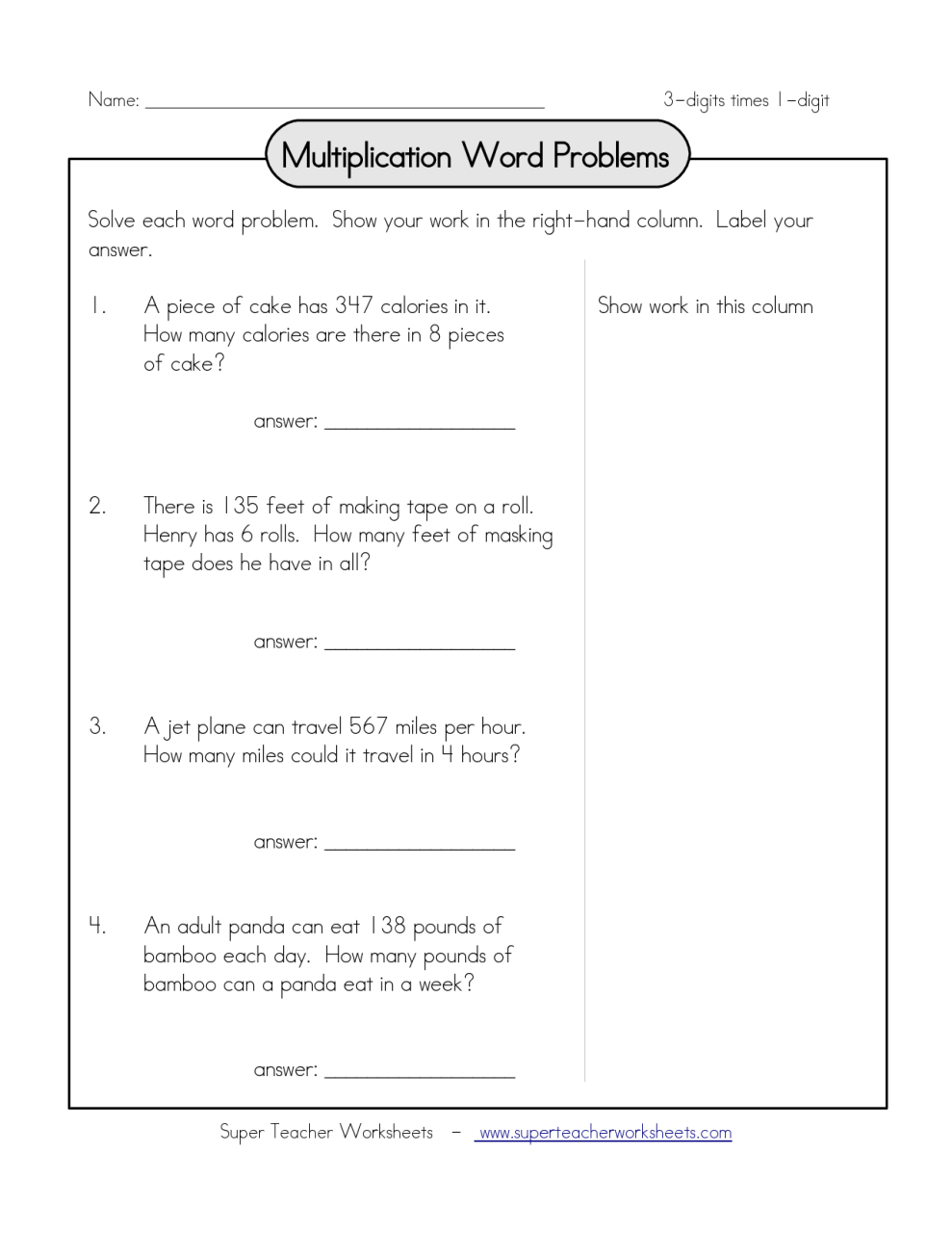 3 And 4 Digit By 1 Digit Multiplication Worksheets