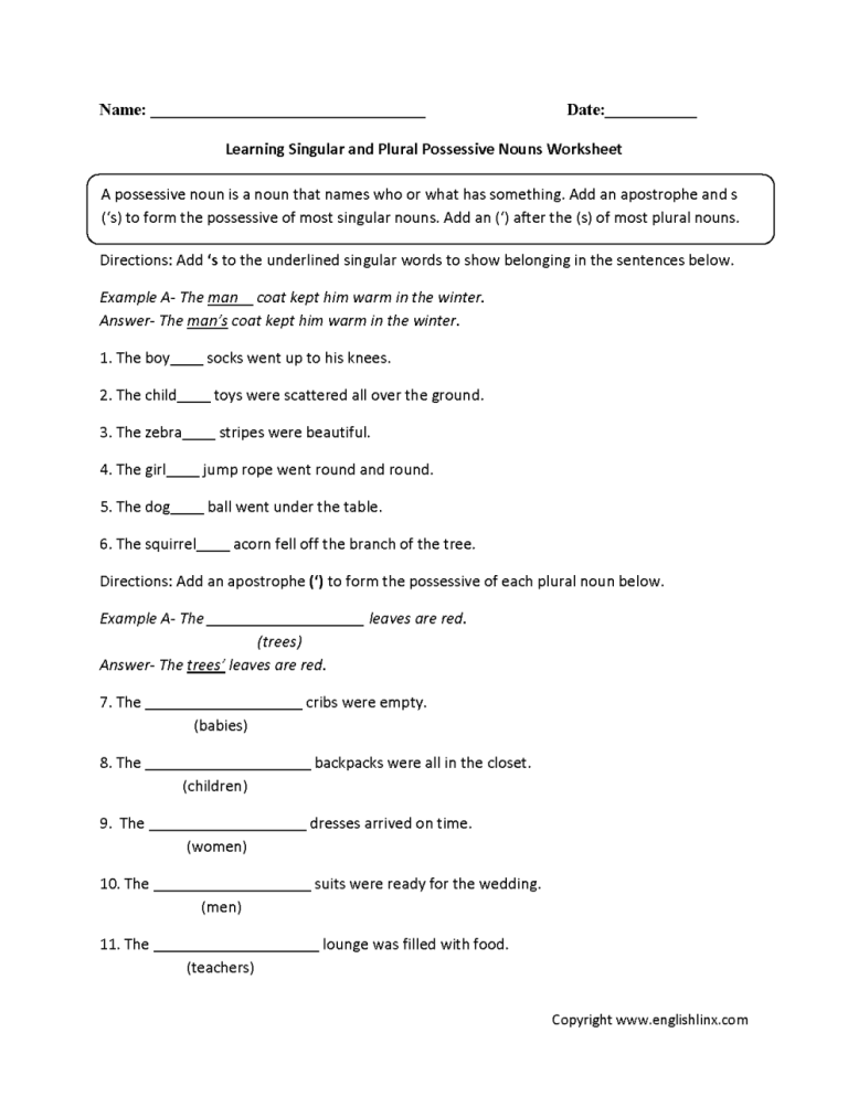 4th Grade Possessive Nouns Worksheets