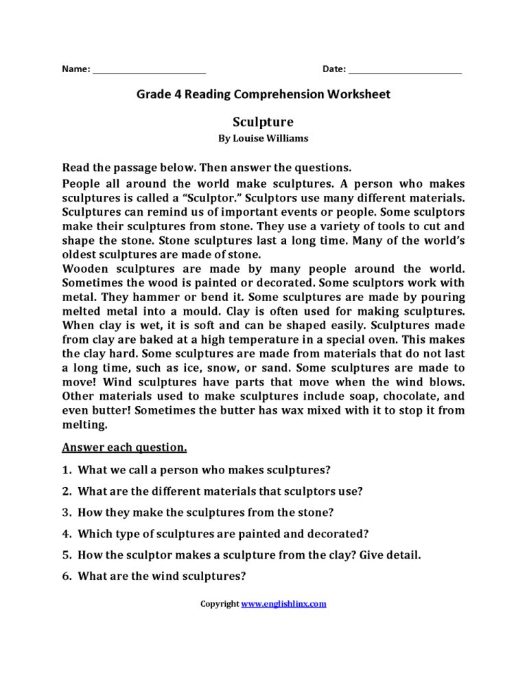 4th Grade Reading Comprehension Packet Pdf