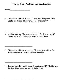 3 Digit Addition And Subtraction Word Problems 2nd Grade