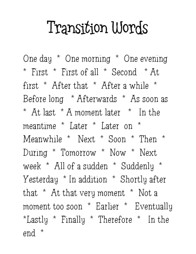 4th Grade Transition Words Pdf