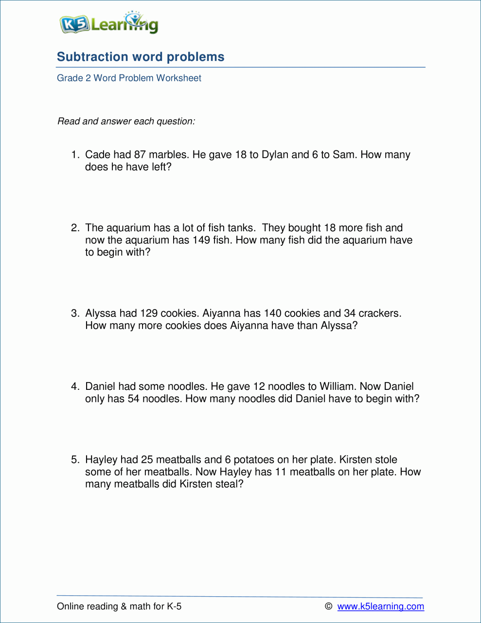 3rd Grade Math Subtraction Word Problems Pdf