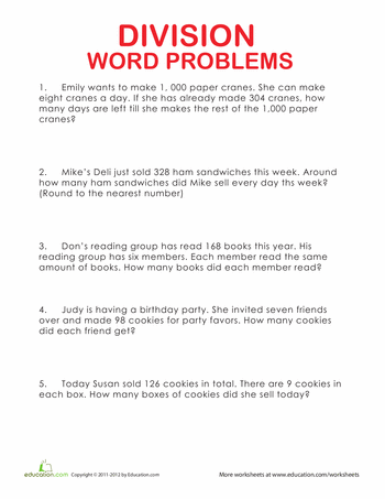4th Grade Division Word Problems With Remainders Worksheets