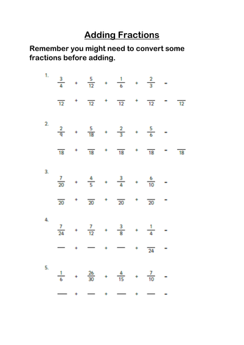 Adding And Subtracting Fractions With Different Denominators Year 5 Worksheet
