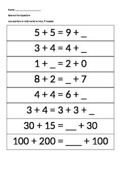 Balancing Math Equations Worksheets 2nd Grade