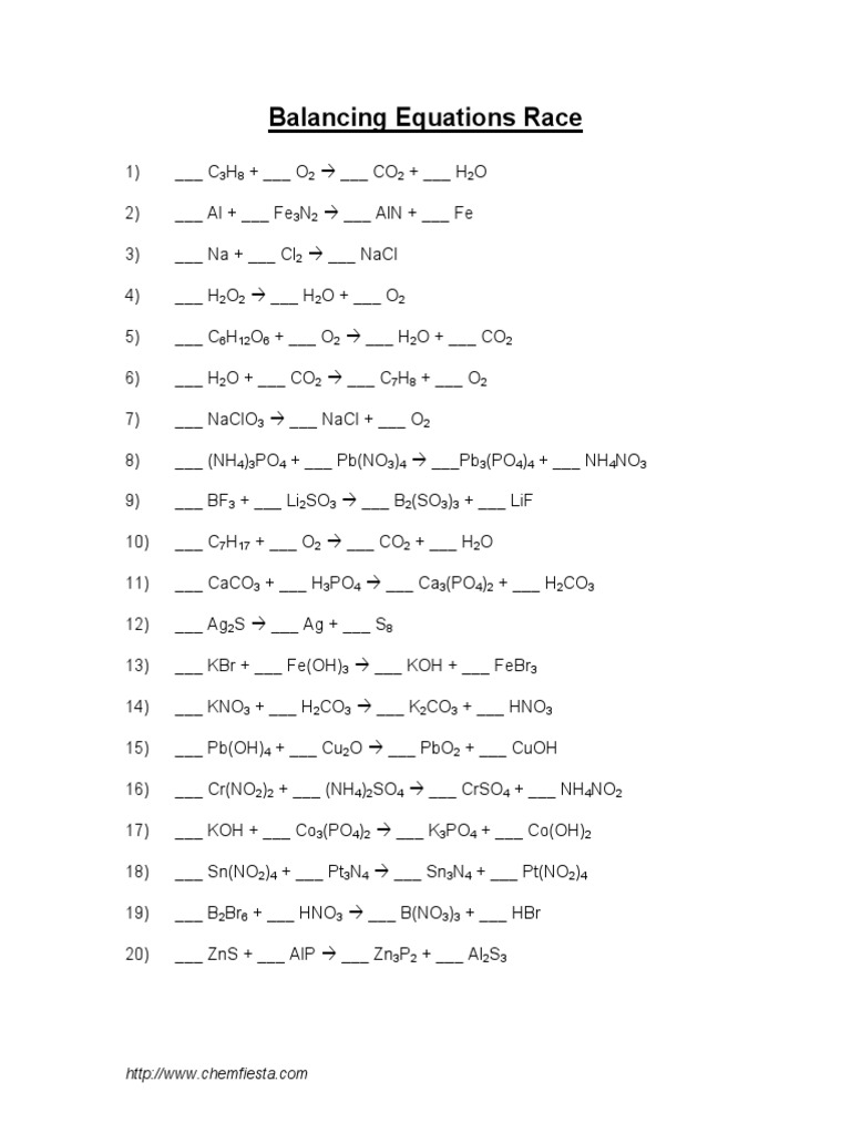 Chemfiesta Balancing Equations Race Worksheet Answers
