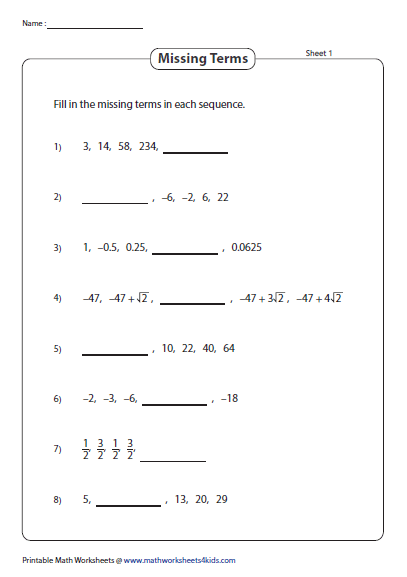 Arithmetic Sequence Worksheet Answer Key