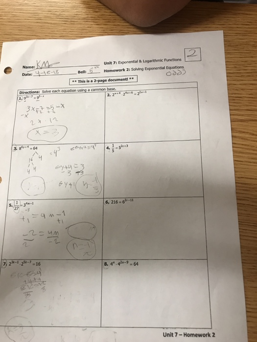 Unit 7 Exponential And Logarithmic Functions Worksheet Answer Key