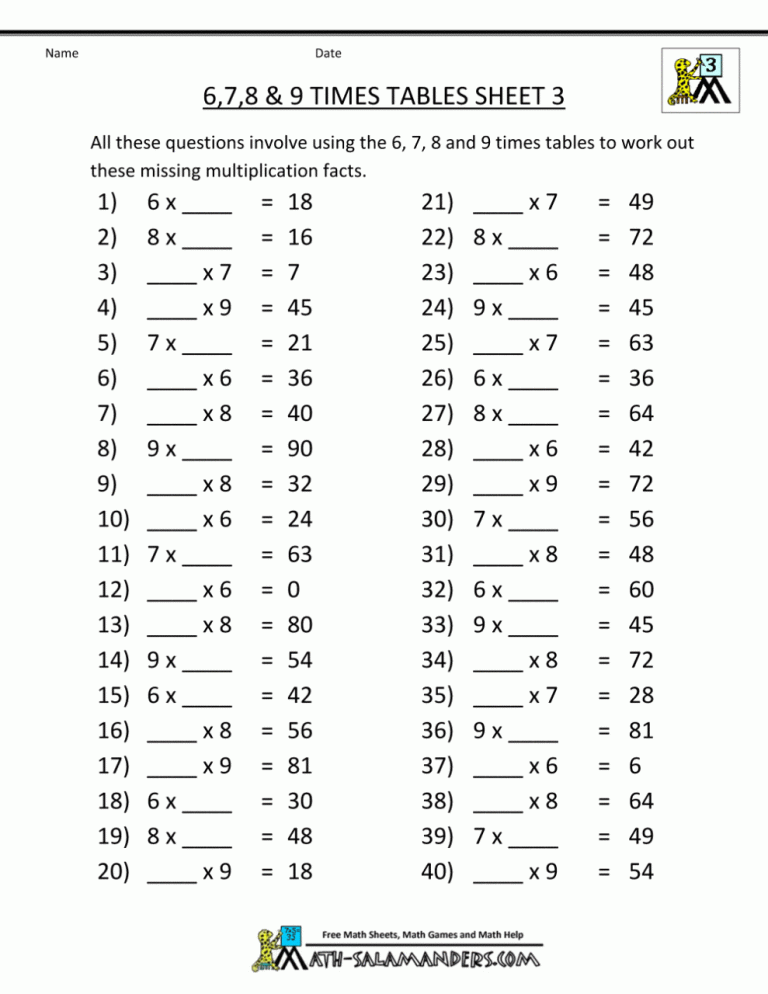 6 7 And 8 Times Table Worksheet