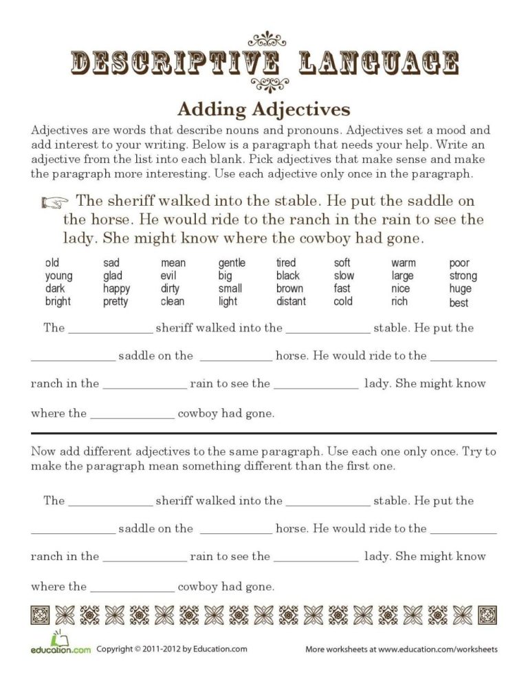 5th Grade English Worksheets Adjectives