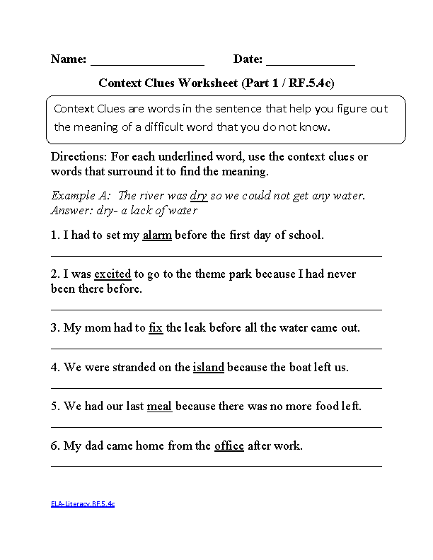 5th Grade Context Clues Worksheet