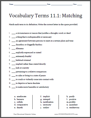 6th Grade Vocabulary Words And Definitions Worksheets Pdf