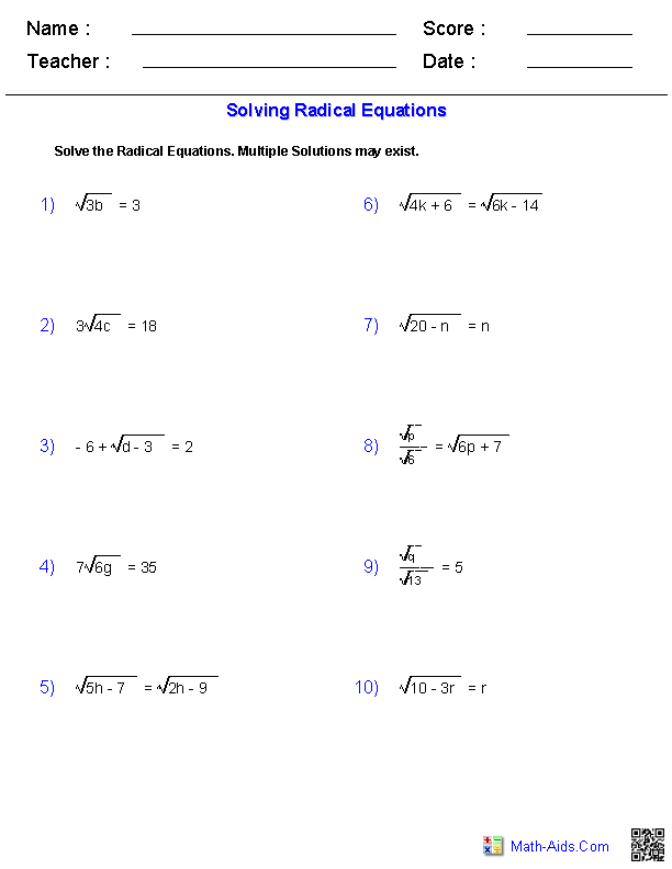 6-7 Solving Radical Equations And Inequalities Worksheet Answer Key