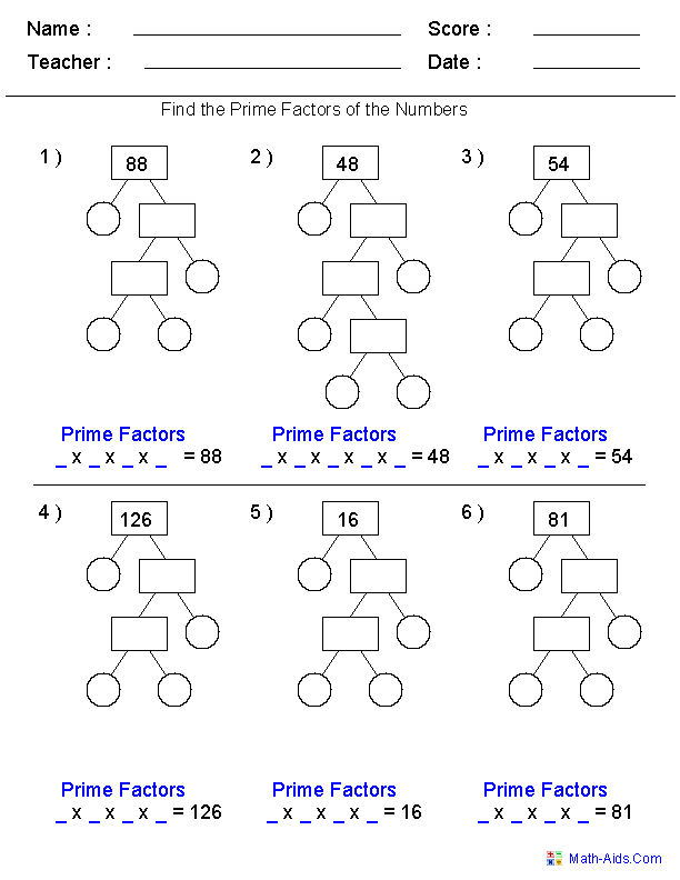 5th Grade Factor Tree Worksheets