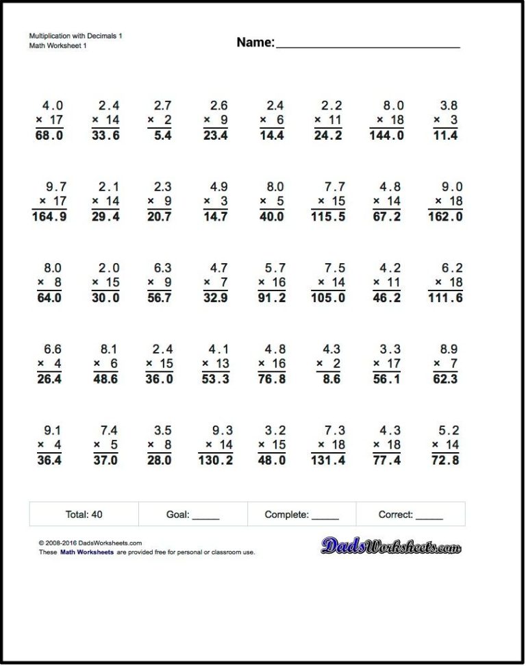 6th Grade Multiplying Decimals Worksheet With Answers