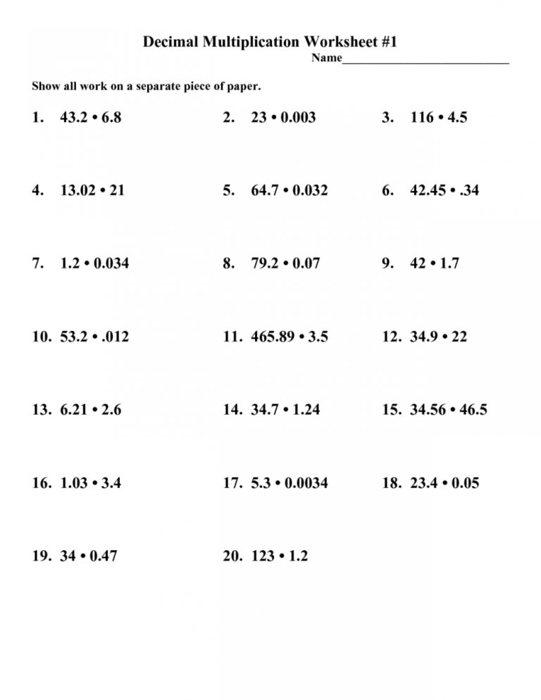 5th Grade Multiplying And Dividing Decimals Worksheets