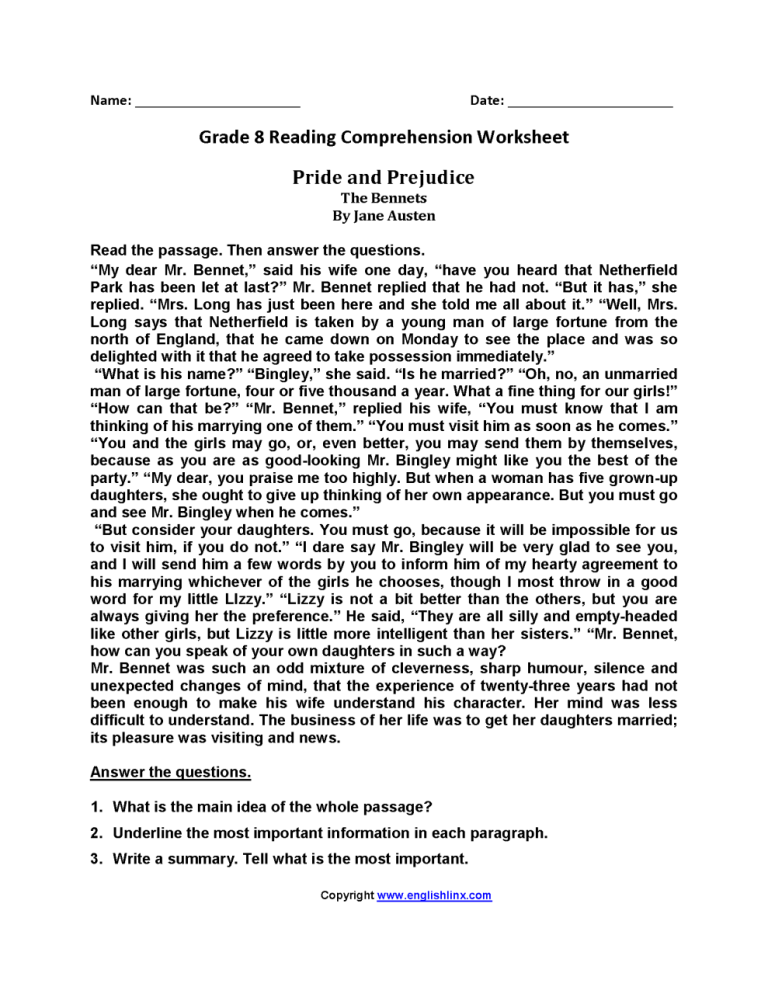 8th Grade Comprehension Worksheets