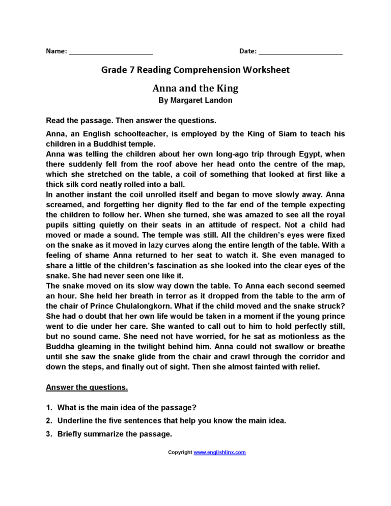 7th Grade English Comprehension Worksheets