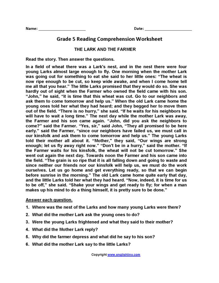 5th Grade Reading Comprehension Passages With Questions Pdf