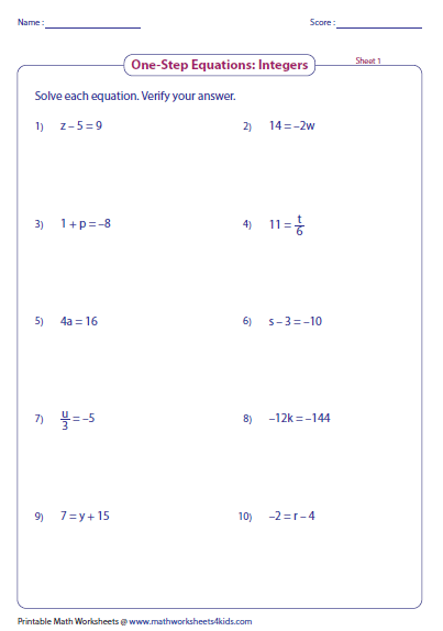 7th Grade 2 Step Equations Worksheet