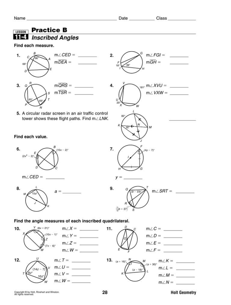 Inscribed Angles Worksheet Doc