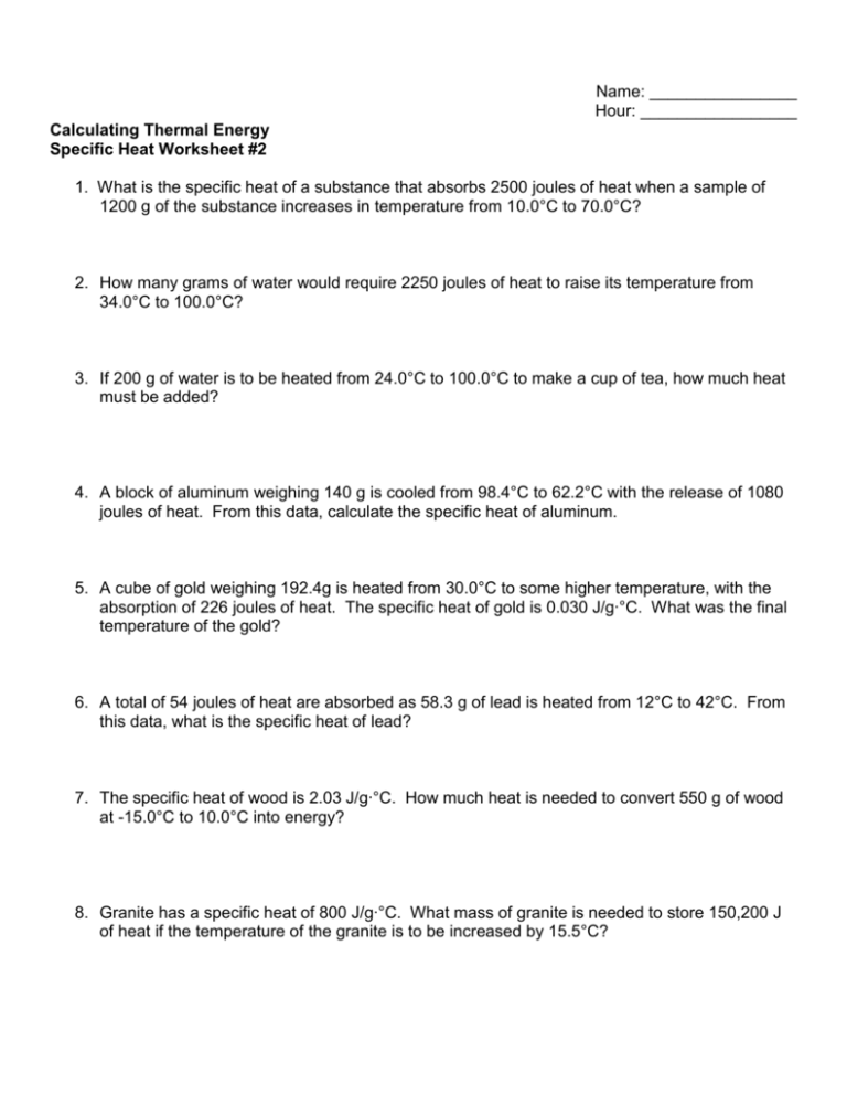 Specific Heat Worksheet #2 Answer Key