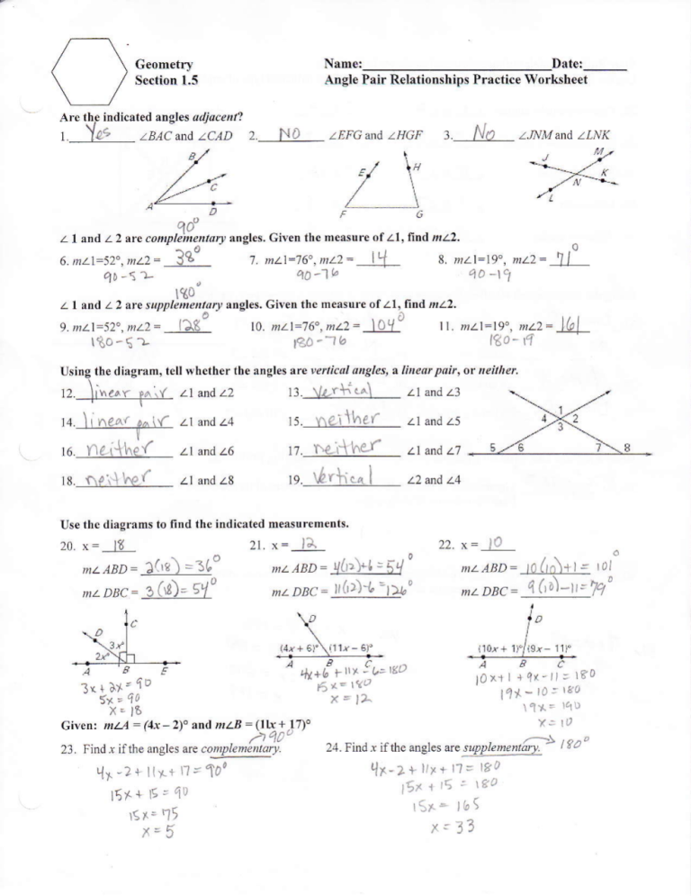 Angle Pair Relationships Worksheet Geometry Section 1.5