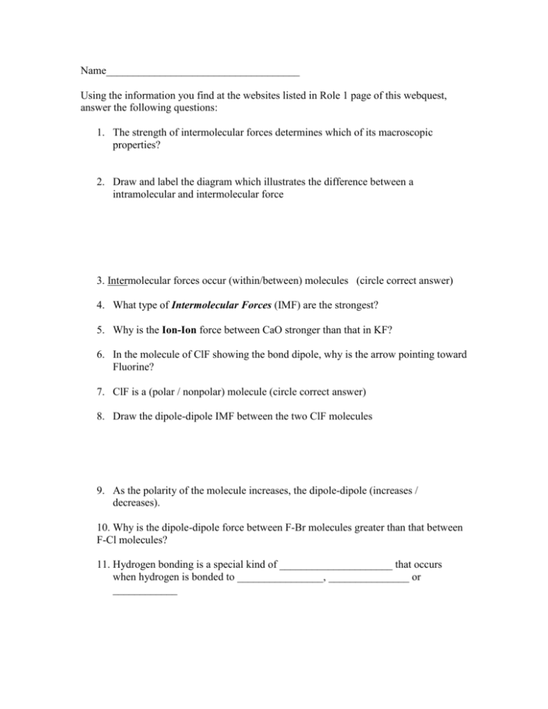 Intermolecular Forces Practice Worksheet Answers