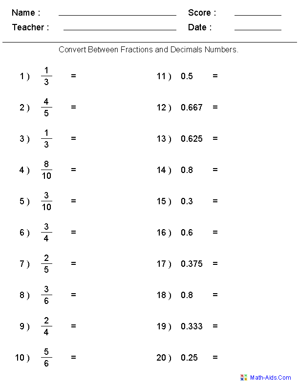 Converting Decimals To Fractions Worksheet